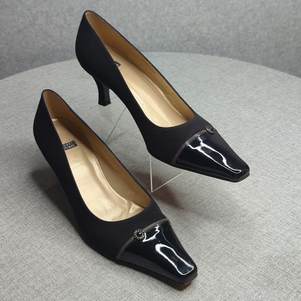 Stuart Weitzman Black Fabric Patent Leather Toe Cap Heels‎ Pumps Size 9.5B